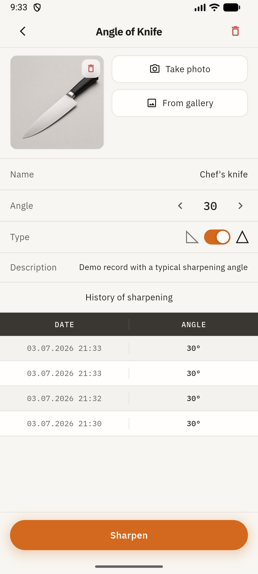 Knife card with angle, photo, and sharpening history