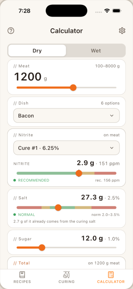 SaltCure — cure calculator screen
